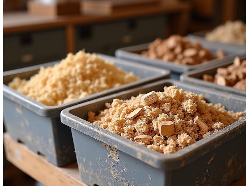 A collection of wood scraps and sawdust neatly organized in bins in a woodworking shop, ready for recycling or repurposing.