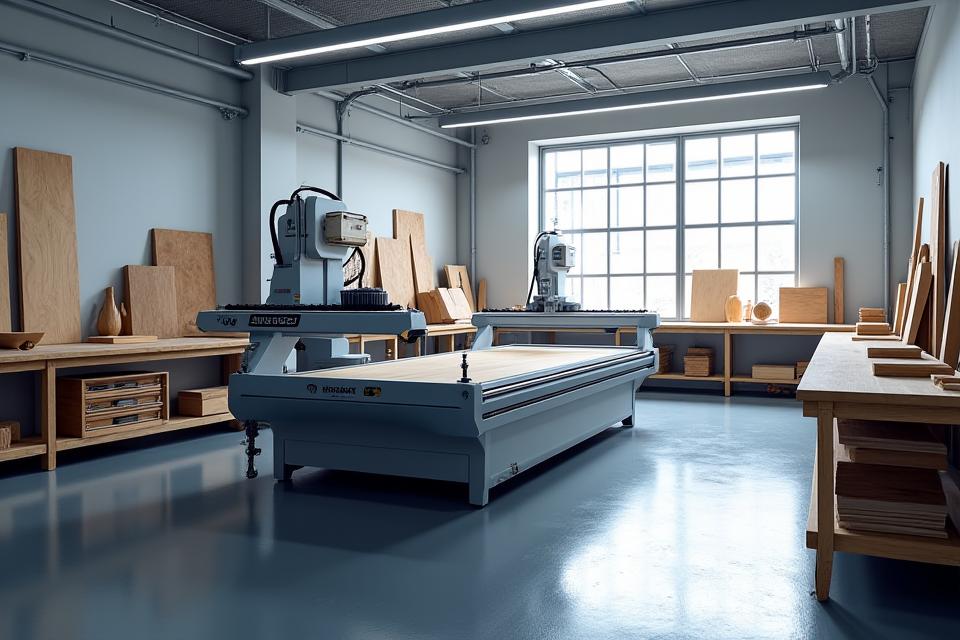 A wide shot of a modern woodworking workshop featuring precision machinery like a CNC router and a large format saw, with dust extraction systems visible.