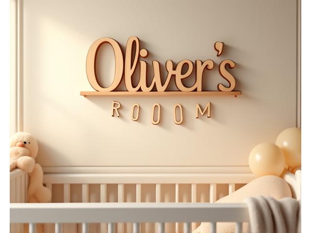 A charming personalized wooden nursery name sign hanging above a crib, surrounded by soft lighting and gentle baby decor.