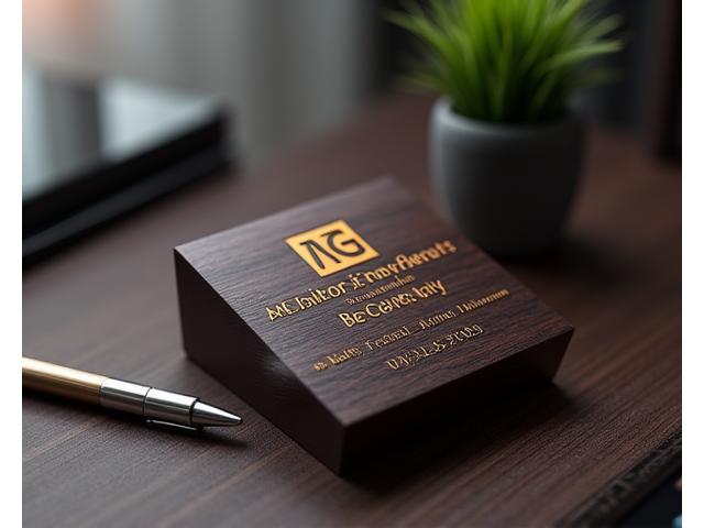 A sleek, dark wooden award plaque with a corporate logo and a personalized inscription, placed on an executive desk next to a pen.
