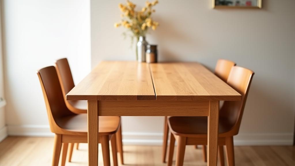An elegant wooden dining table designed for small spaces, initially compact but shown partially extended with a hidden leaf, ready for guests.