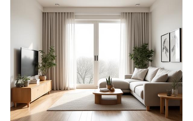 A bright, airy living space showcasing light-colored wooden furniture (e.g., maple or birch) and neutral tones to maximize the perception of space.