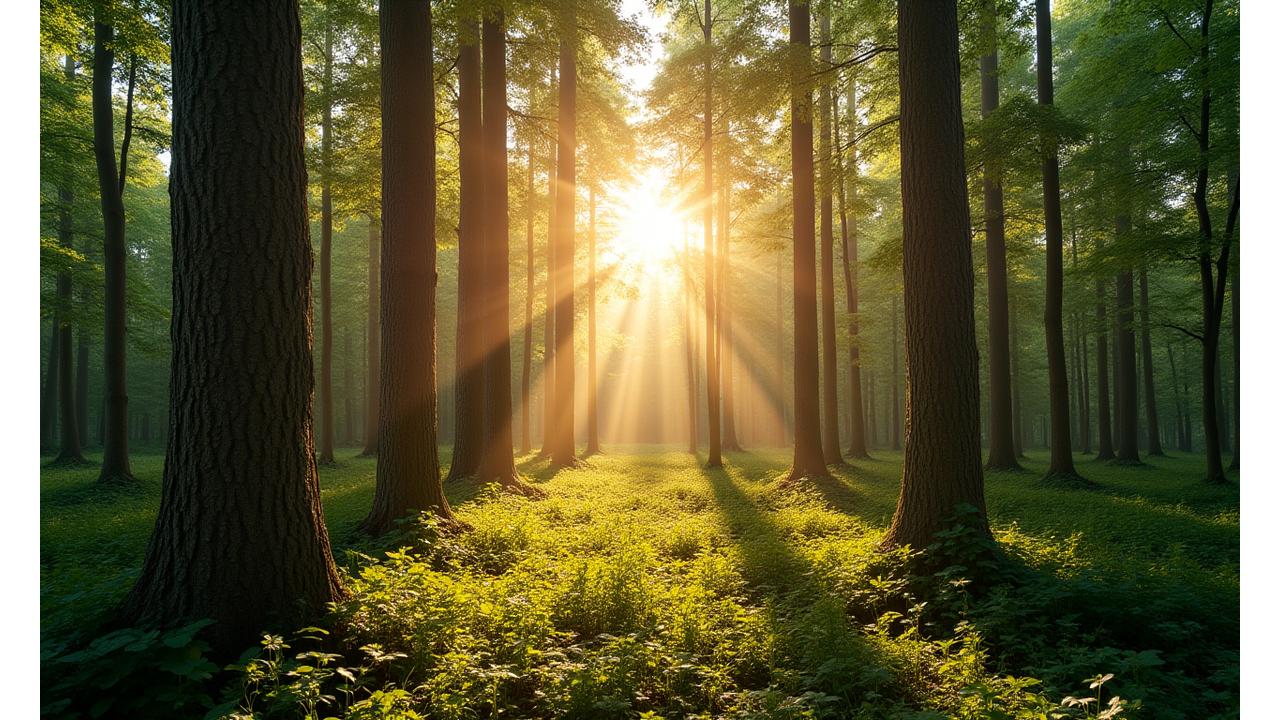 Lush, responsibly managed forest with sunlight filtering through trees, signifying sustainable sourcing