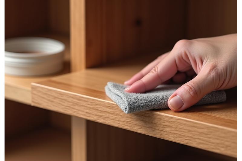 Close-up of a hand gently applying wood conditioner to a polished wooden shelf, showcasing its natural grain.