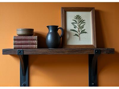 Sturdy oak shelf with classic dark metal brackets, holding ceramic bowls and a framed photo.
